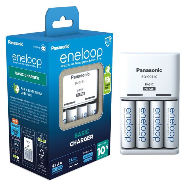 Panasonic Eneloop lādētājs BQ-CC51 + 4 x R6/AA Eneloop 2000mAh Ni-MH BK-3MCDE
