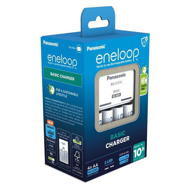 Panasonic Eneloop lādētājs BQ-CC51 + 4 x R6/AA Eneloop 2000mAh Ni-MH BK-3MCDE