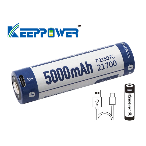 Keeppower 21700 - 5000 mAh, Li-Ion 3,7 V - 3,6 V - PCB ar aizsardzību un USB-C P2150TC