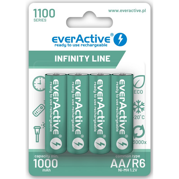 EverActive R6/AA Ni-MH 1100 mAh x 4 uzlādējamas baterijas EVHRL6-1100