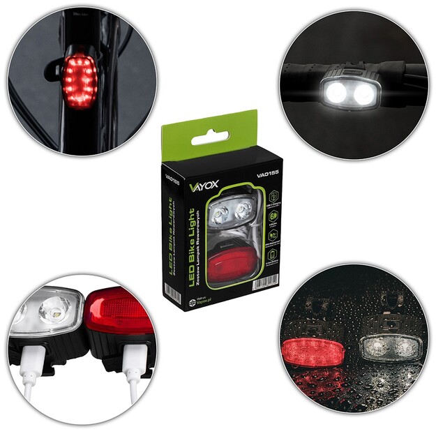 Vayox velosipēdu apgaismojuma komplekts priek&scaron;ējais 2*LED + aizmugurējais 12*LED VA0155