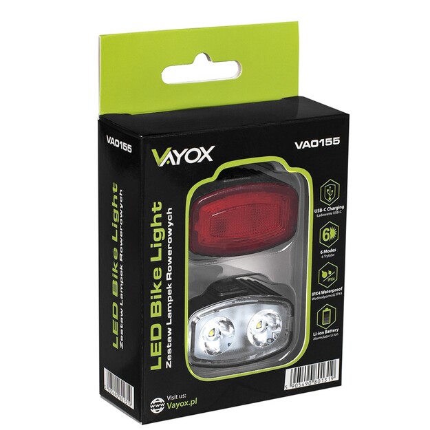 Vayox velosipēdu apgaismojuma komplekts priek&scaron;ējais 2*LED + aizmugurējais 12*LED VA0155