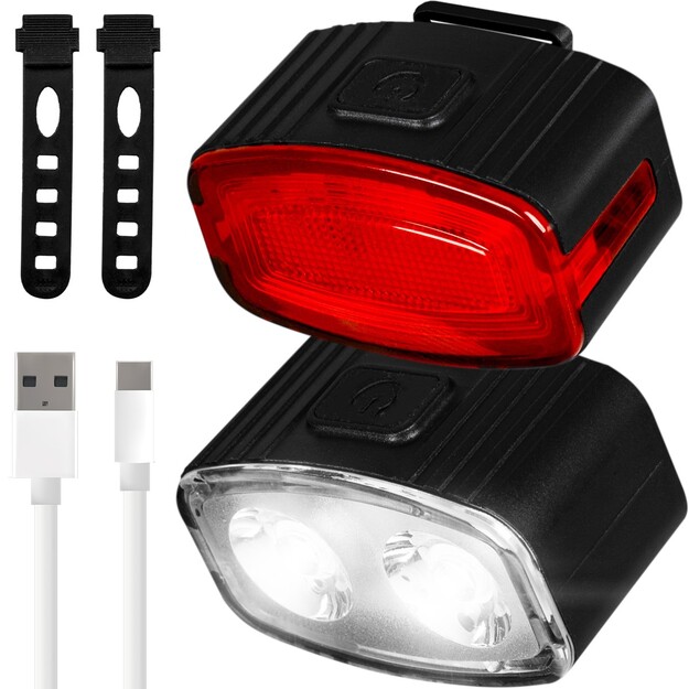 Vayox velosipēdu apgaismojuma komplekts priek&scaron;ējais 2*LED + aizmugurējais 12*LED VA0155