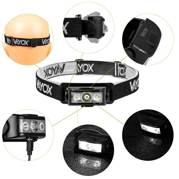 Vayox uzlādējams galvas lukturītis 100lm LED + 2xLED VA0174