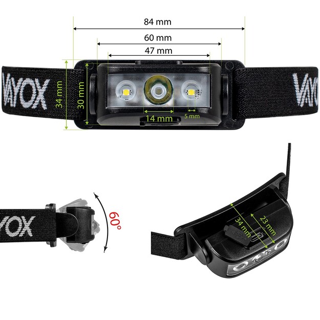 Vayox uzlādējams galvas lukturītis 100lm LED + 2xLED VA0174