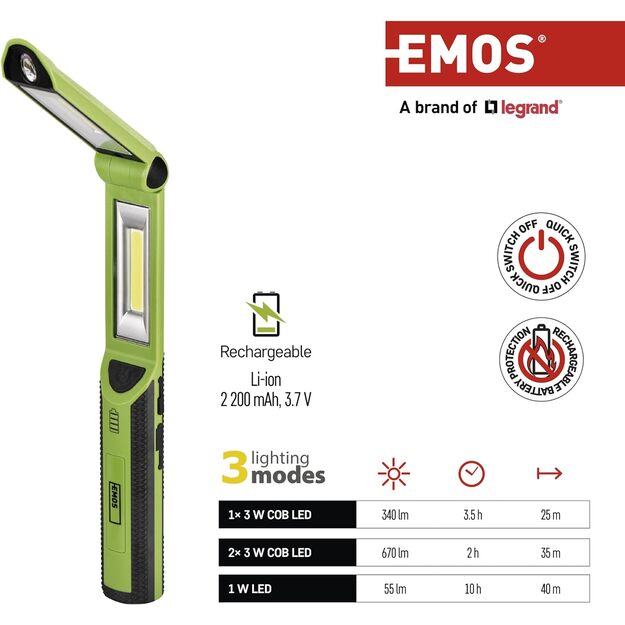 Emos uzlādējams lukturītis, 670lm COB LED 2200mAh P4535