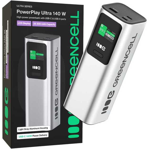 GreenCell PowerPlay Ultra pārnēsājamais akumulators 25200mAh, ātra uzlāde, 140W, 2x USB-C PD, 1x USB-A