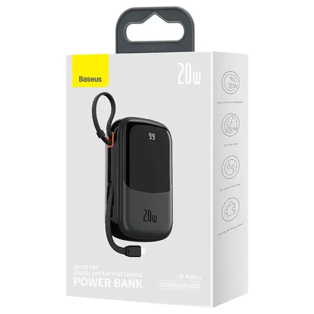 Powerbank Baseus Qpow PRO с кабелем Lightning, портом USB-C и USB 20000mAh, 20W (черный)