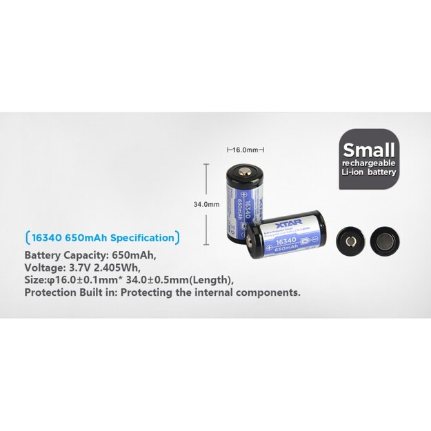 XTAR 16340 CR123 650mAh 3,7 V uzlādējams akumulators