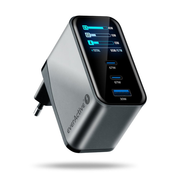 Зарядное устройство &bdquo;everActive GaN LCD SC-670Q PRO&ldquo; с USB-портом и 2x USB-C PD PPS QC4+ 67W