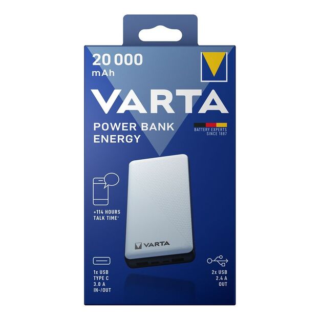 VARTA ENERGY 20000mAh rezerves ārējā baro&scaron;anas akumulators, powerbank