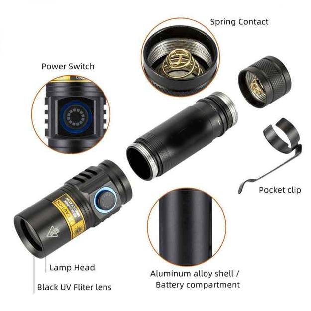 Infinio SLIM UV-38 LED 5W UV lukturītis 18650 Li-Ion akumulators 2Ah