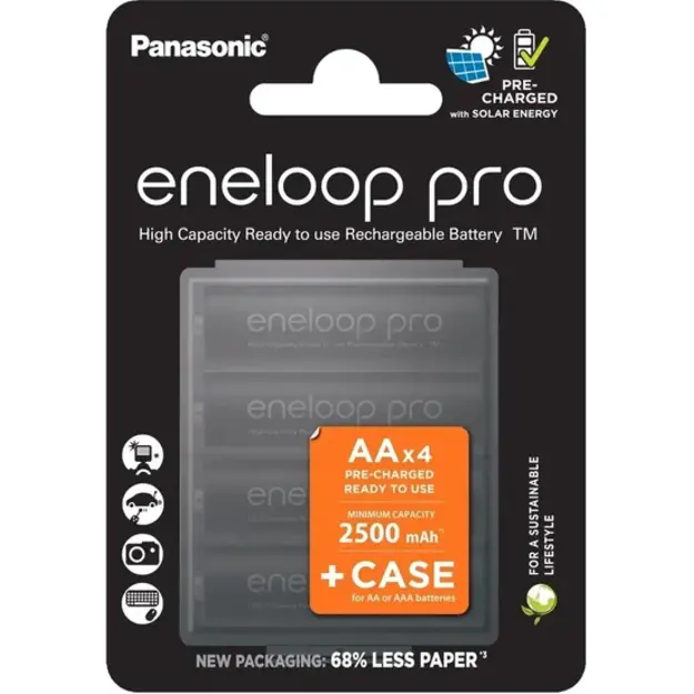 Panasonic Eneloop PRO R6 AA 2500mAh akumulatori x 4 + kaste BK-3HCDEC4BE