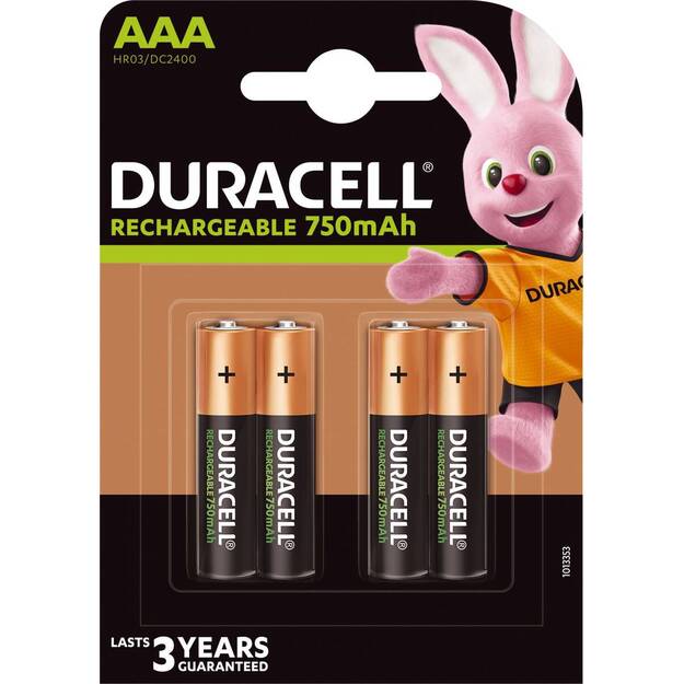 DURACELL AAA 750mAh uzlādējamās baterijas 4 gab. HR03/DC2400