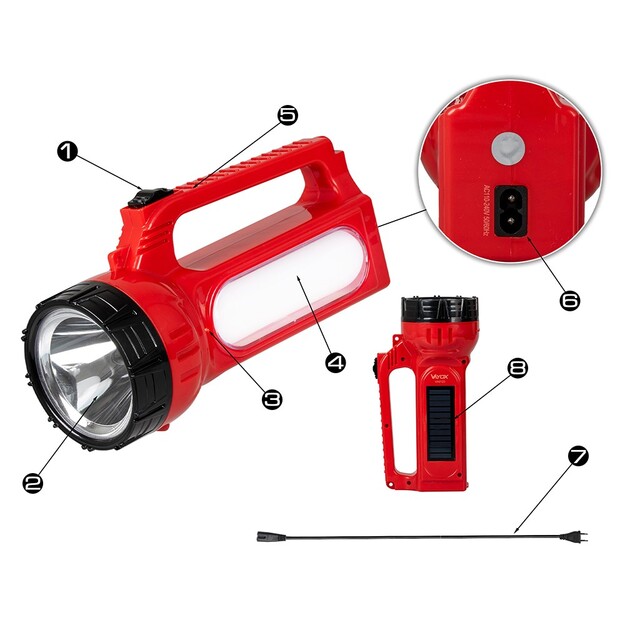 Vayox VA0123 2-in-1 uzlādējams lukturītis ar sānu apgaismojumu un saules uzlādi
