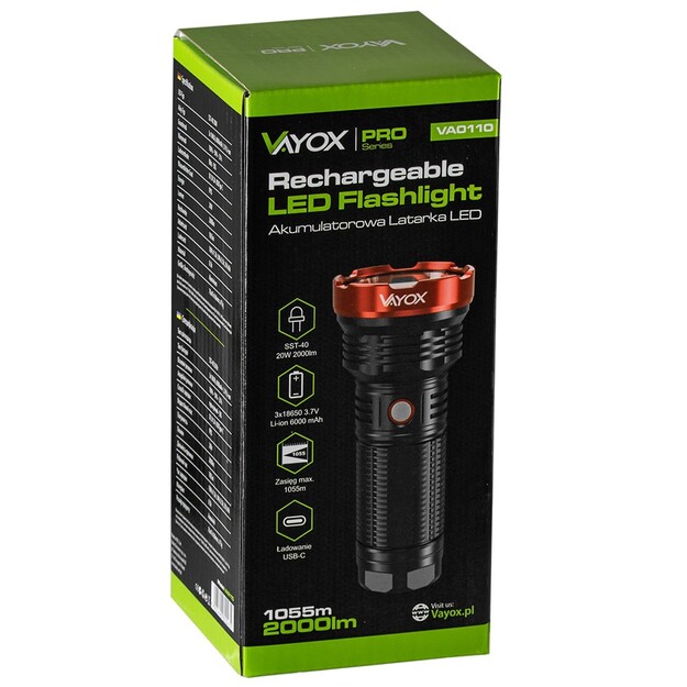 Vayox Pro Series Tactical Flashlight 20W 2000lm 1055m VA0110