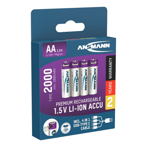 Ansmann uzlādējamas baterijas AA 1.5V 2000mAh (Li-Ion 3.26Wh) ar USB-C ligzdu, maksimālā izlādes strāva 2A, 4gab iepakojumā 