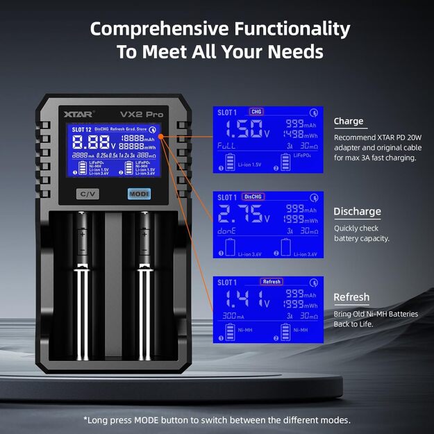 XTAR VX2 Pro lādētājs litija jonu akumulatoriem 1,5 V / 3,6 / 3,7 V / Li-FePO4 / Ni-MH