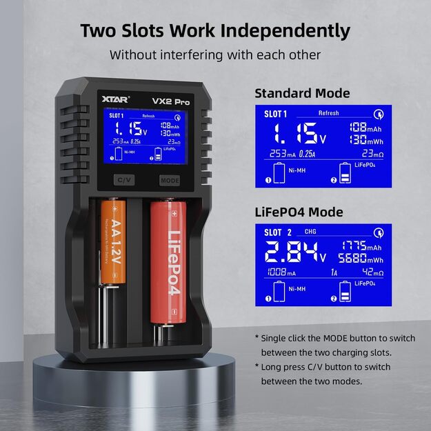 XTAR VX2 Pro lādētājs litija jonu akumulatoriem 1,5 V / 3,6 / 3,7 V / Li-FePO4 / Ni-MH