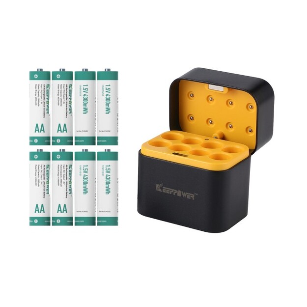 Keeppower I8 lādētājs ar 8 x 1.5V AA litija jonu akumulatoriem (4300 mWh) &ndash; USB-C ieeja
