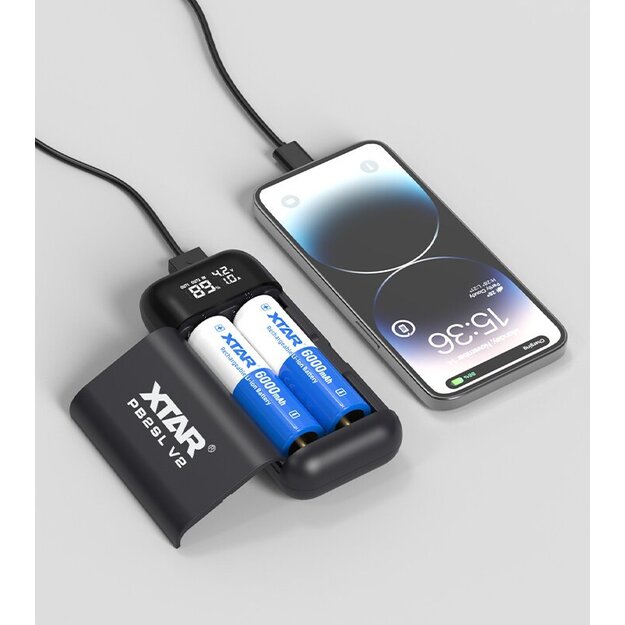 Xtar PB2SL V2 melns lādētājs / ārējais akumulators cilindriskām litija jonu 18650 / 20700 / 21700 baterijām