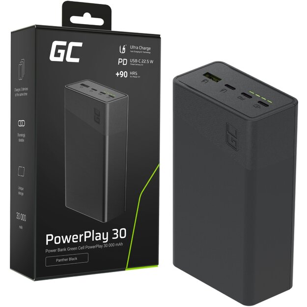 Green Cell PowerPlay 30 30000 mAh ārējais akumulators, melns