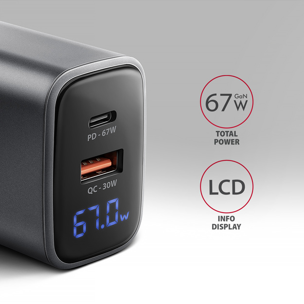 Axagon PD3.0 un QC4+ 2xOUTPUTS sienas lādētājs 67W ACU-PQ67D (LCD displejs)  