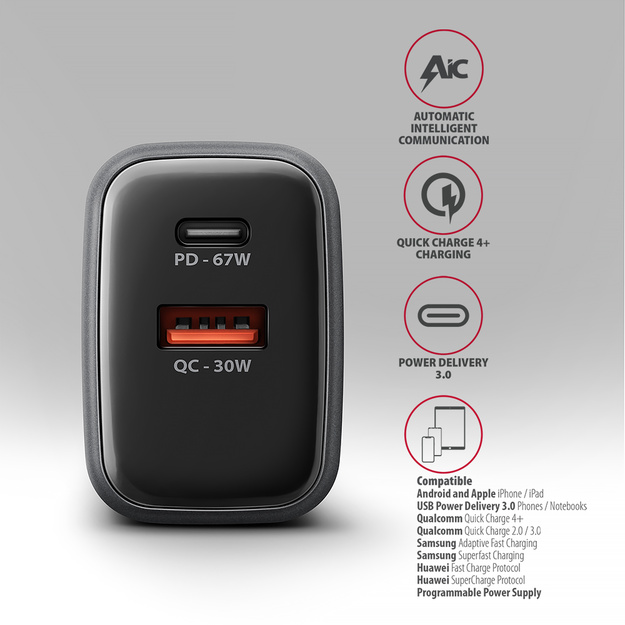Axagon PD3.0 un QC4+ 2xOUTPUTS sienas lādētājs 67W ACU-PQ67D (LCD displejs)  