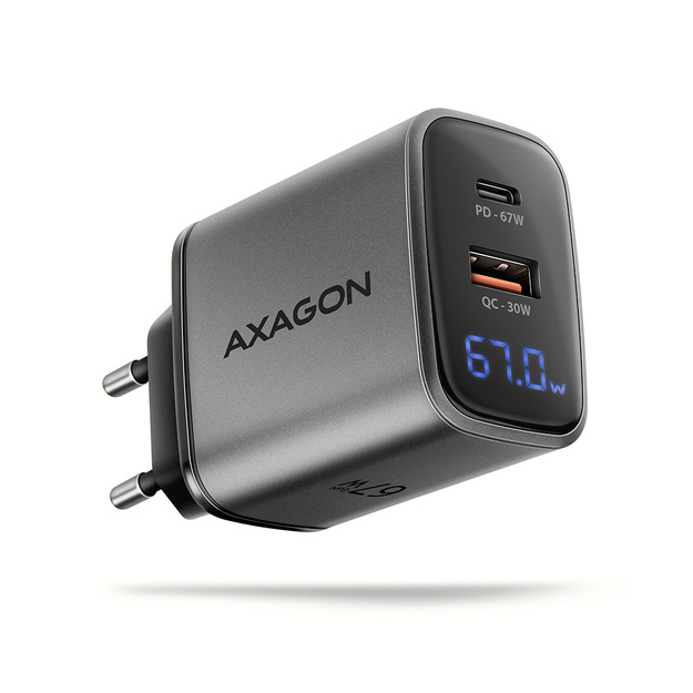 Axagon PD3.0 un QC4+ 2xOUTPUTS sienas lādētājs 67W ACU-PQ67D (LCD displejs)  