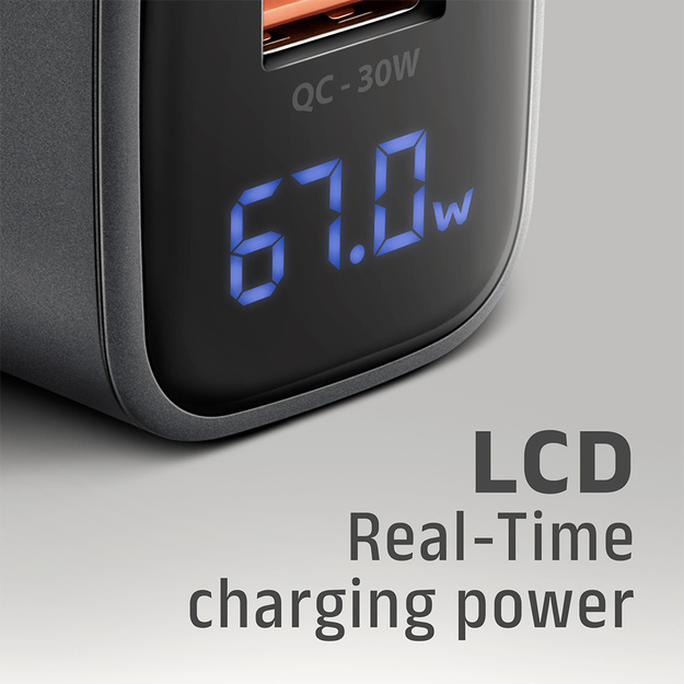 Axagon PD3.0 un QC4+ 2xOUTPUTS sienas lādētājs 67W ACU-PQ67D (LCD displejs)  