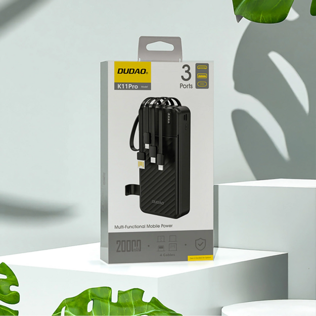 Dudao K11 20000 mAh ārējais akumulators ar iebūvētiem kabeļiem, melns