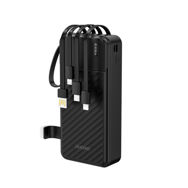 Dudao K11 20000 mAh ārējais akumulators ar iebūvētiem kabeļiem, melns