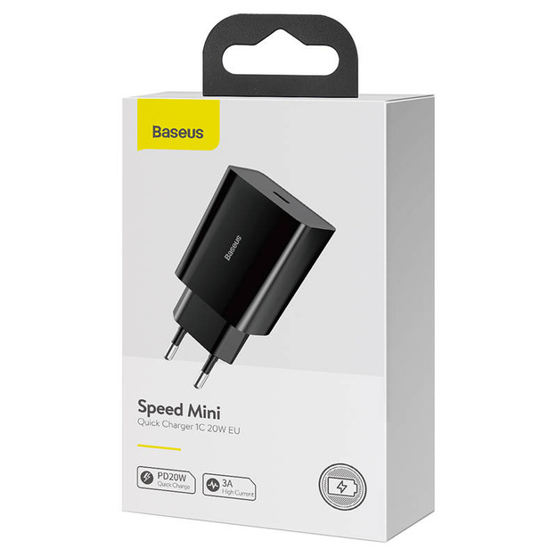 Baseus ātrgaitas mini lādētājs, USB-C, PD, 3A, 20W (melns)