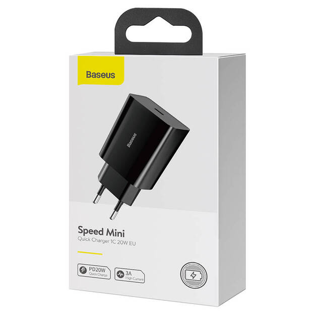 Baseus ātrgaitas mini lādētājs, USB-C, PD, 3A, 20W (melns)