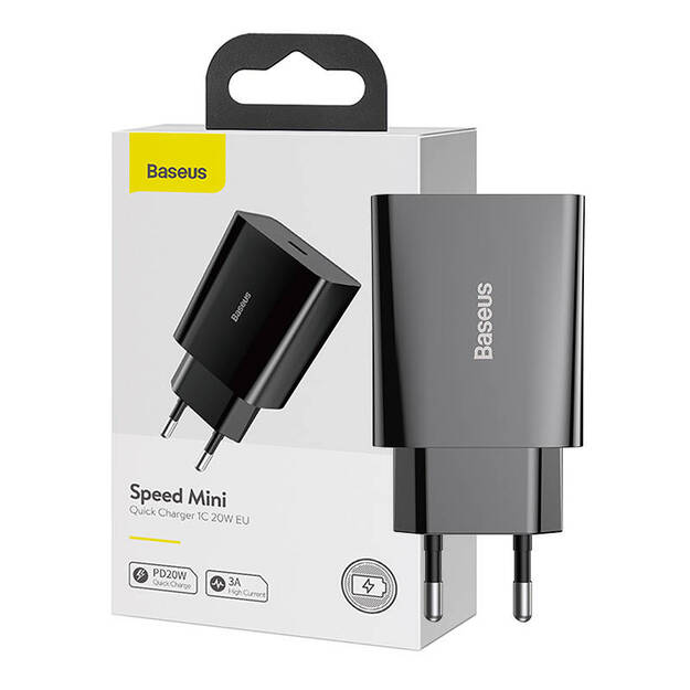 Baseus ātrgaitas mini lādētājs, USB-C, PD, 3A, 20W (melns)
