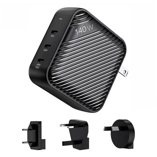 INVZI GanHub 3x USB-C sienas lādētājs, 140 W, EU/UK/AU/ASV (melns)