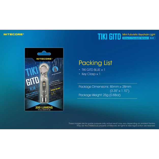 Nitecore TIKI GITD uzlādējams LED atslēgas lukturītis, 300 Lm ZILS