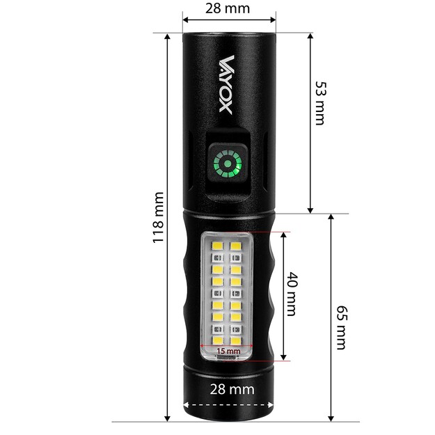 Vayox uzlādējams lukturītis 250lm 5W LED + SMD VA0184