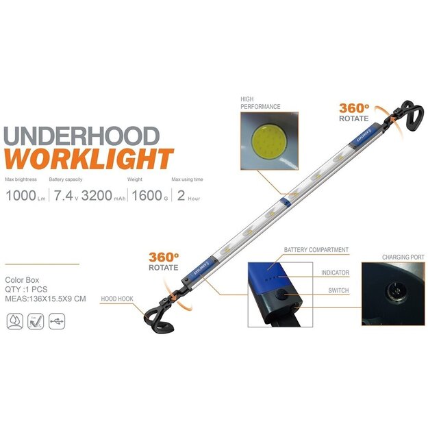 LED darba lampa COB zem ma&scaron;īnas motora pārsega, uzlādējama