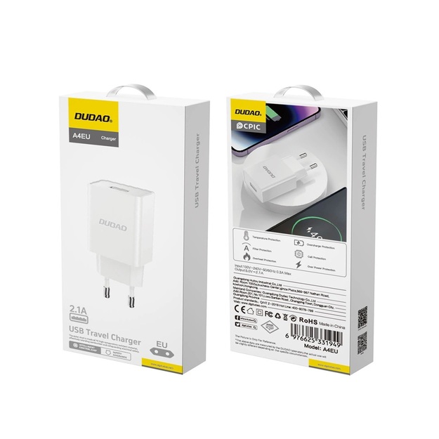 Dudao A4EU USB-A 2.1A sienas lādētājs Balts