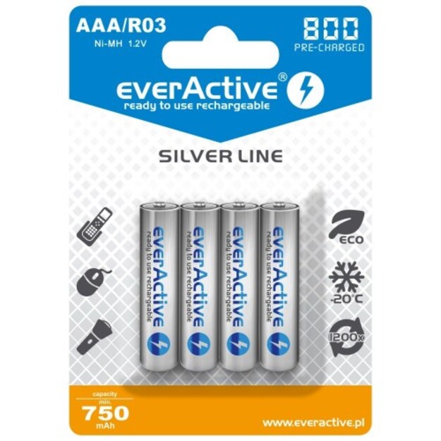 everActive Silver Line 800mAh AAA uzlādējams akumulators, gatavs lieto&scaron;anai, 4 gab. 