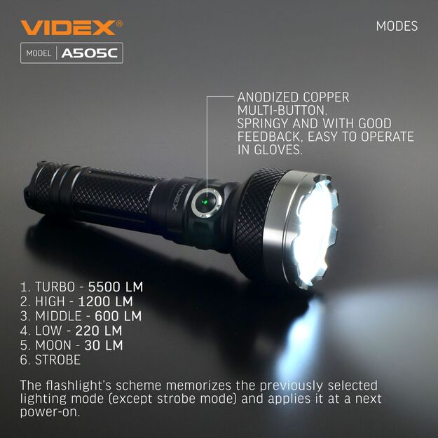 Flashlight VIDEX VLF-A505C 5500lm 5000K