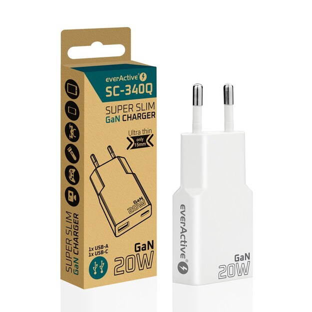 EverActive GaN SUPER SLIM SC-340Q sienas lādētājs ar USB QC3.0 un USB-C PD 20W portu