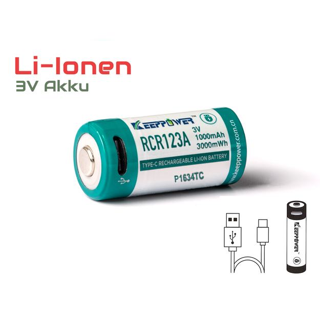 Keeppower RCR123A &ndash; 3 V &ndash; 1000 mAh litija jonu akumulators (uzlādējams caur USB-C) P1634TC