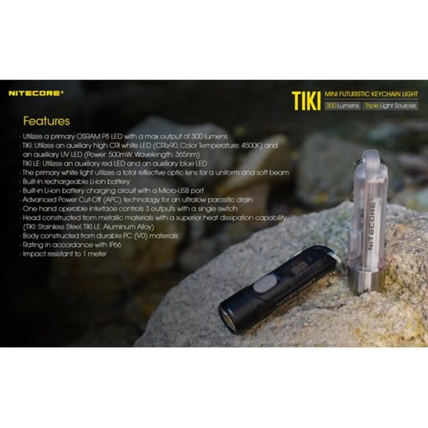 Nitecore TIKI 300 Lm + 365nm UV gaisma