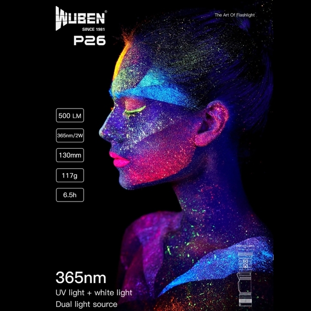 Wuben P26 lukturis 500lm ar UV 365nm 2W gaismu