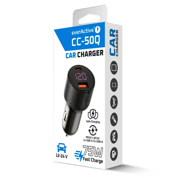 everActive CC-50Q Car Charger with USB QC3.0 and USB-C PD 75W
