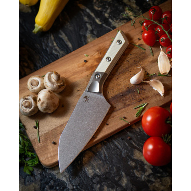 Кухонный нож Microtech Santoku 6 дюймов, титановый больстер/цвет слоновой кости G10, обработка Stonewashed, материал M390MK 3200B-10IV