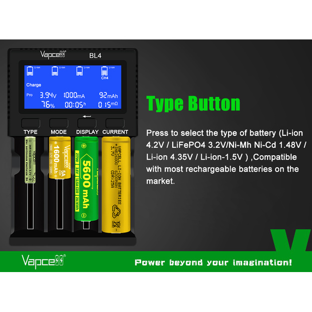 Vapcell BL4 universālais lādētājs ar 4 slotiem Li-ion, LiFePO4, NiMH un 1,5V Li-ion akumulatoriem