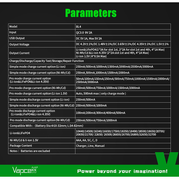 Vapcell BL4 universālais lādētājs ar 4 slotiem Li-ion, LiFePO4, NiMH un 1,5V Li-ion akumulatoriem